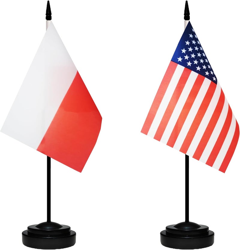 tibijoy USA American & Poland Polish Desk Flags, US Poland Table Flag, Small Mini American & Polish Twin Table Office Flag, Miniature Polish and US Desktop Flag With 13" Solid Black Pole, Black Base - Image 1